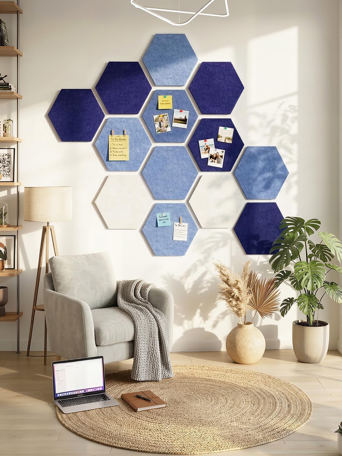 8 Pack Hexagon Felt Bulletin Board Tiles - 12" Large Thick Pin Board for Walls with 30 Push Pins, DIY Boards for Office Home School Decor, Aesthetic Hex Cork Board Alternative