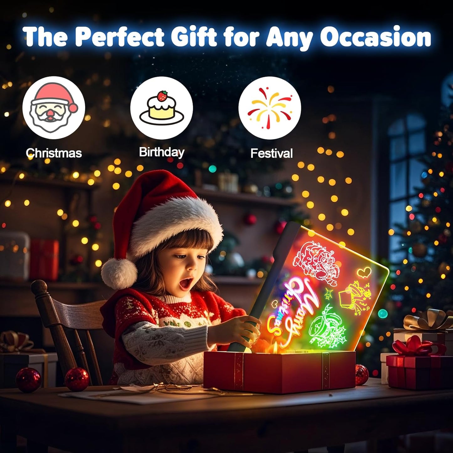 16-Inch Rechargeable LED Drawing Board, 9-Color Light Modes, Neon Art Dry Erase Light Up Doodle Glow Pad with Built-in Stand, Sketching Gift Toy for Kids/Girls/Teens, 7 Markers & Tracing Book