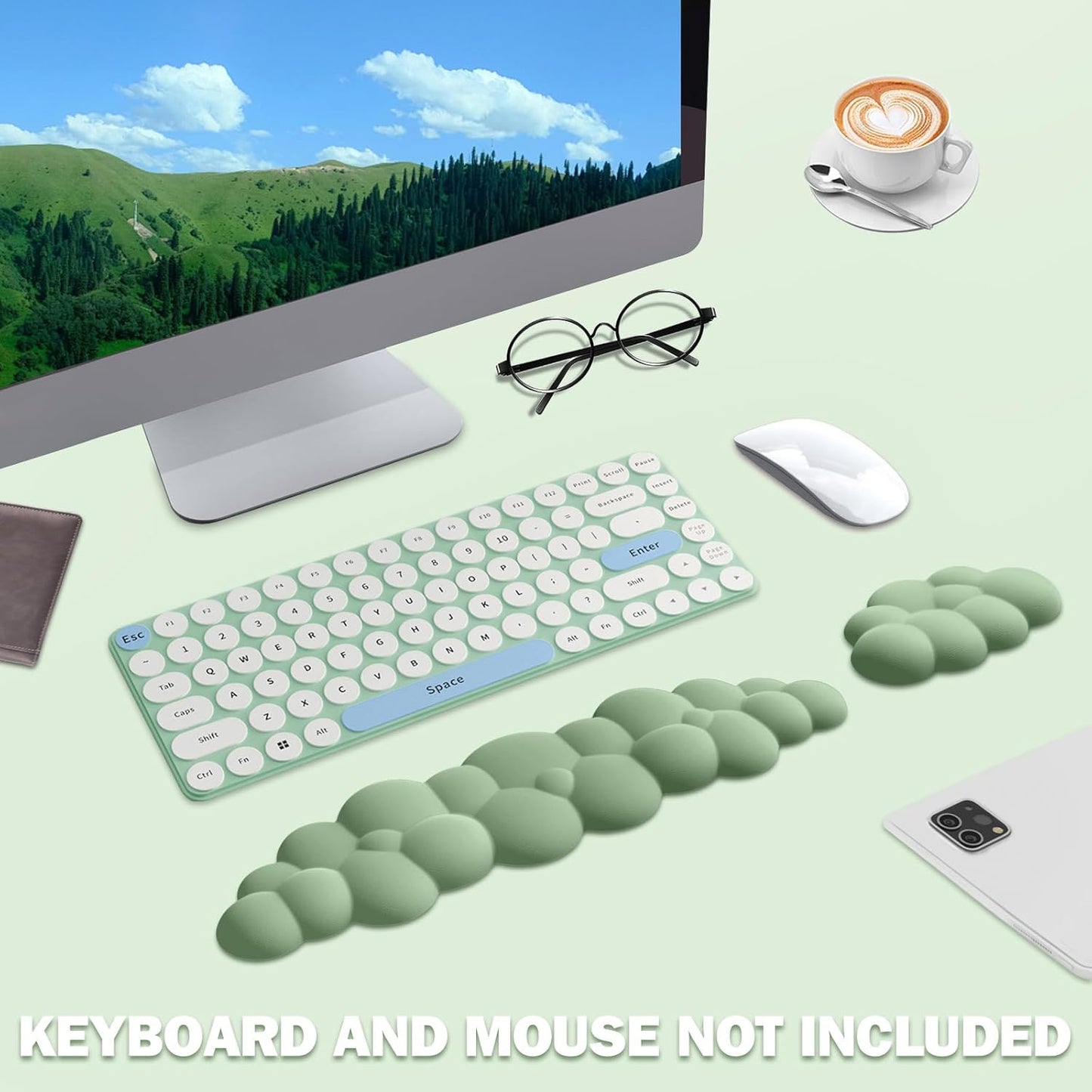 Keyboard Wrist Rest Pad Set, Leaf Shape PU Leather Memory Foam Wrist Cushion Support,Mouse Wrist Rest Pad,Non-Slip Wrist Support for Easy Typing Pain Relief, Green Leaf