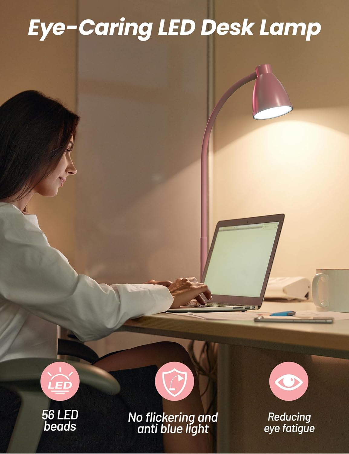 BOHON LED Desk Lamp with USB Charging Port, 3 Color Modes Dimmable Reading Lamp, Auto Dimming Task Lamp, Flexible Neck Table Light for Dorm Bedside, Adapter Include, White