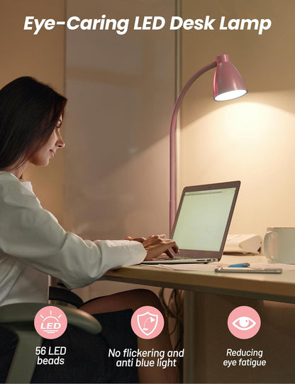 BOHON LED Desk Lamp with USB Charging Port, 3 Color Modes Dimmable Reading Lamp, Auto Dimming Task Lamp, Flexible Neck Table Light for Dorm Bedside, Adapter Include, White