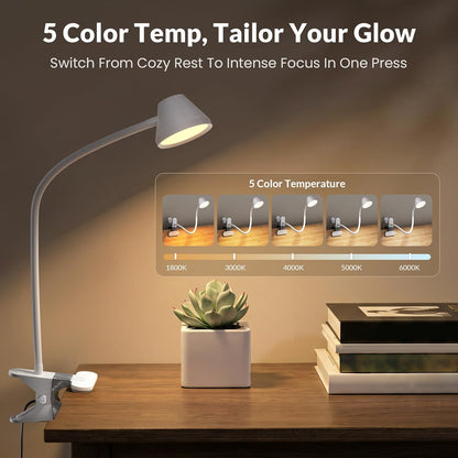 LEPOWER Clip on Light, 7W Reading Lights for Books in Bed with 5 Colors & Stepless Dimming, RG0 Eye-Care, Amber Glow Light & Auto Timer, Strong Clamp with Adapter for Headboard, Bedside, Desk, Black
