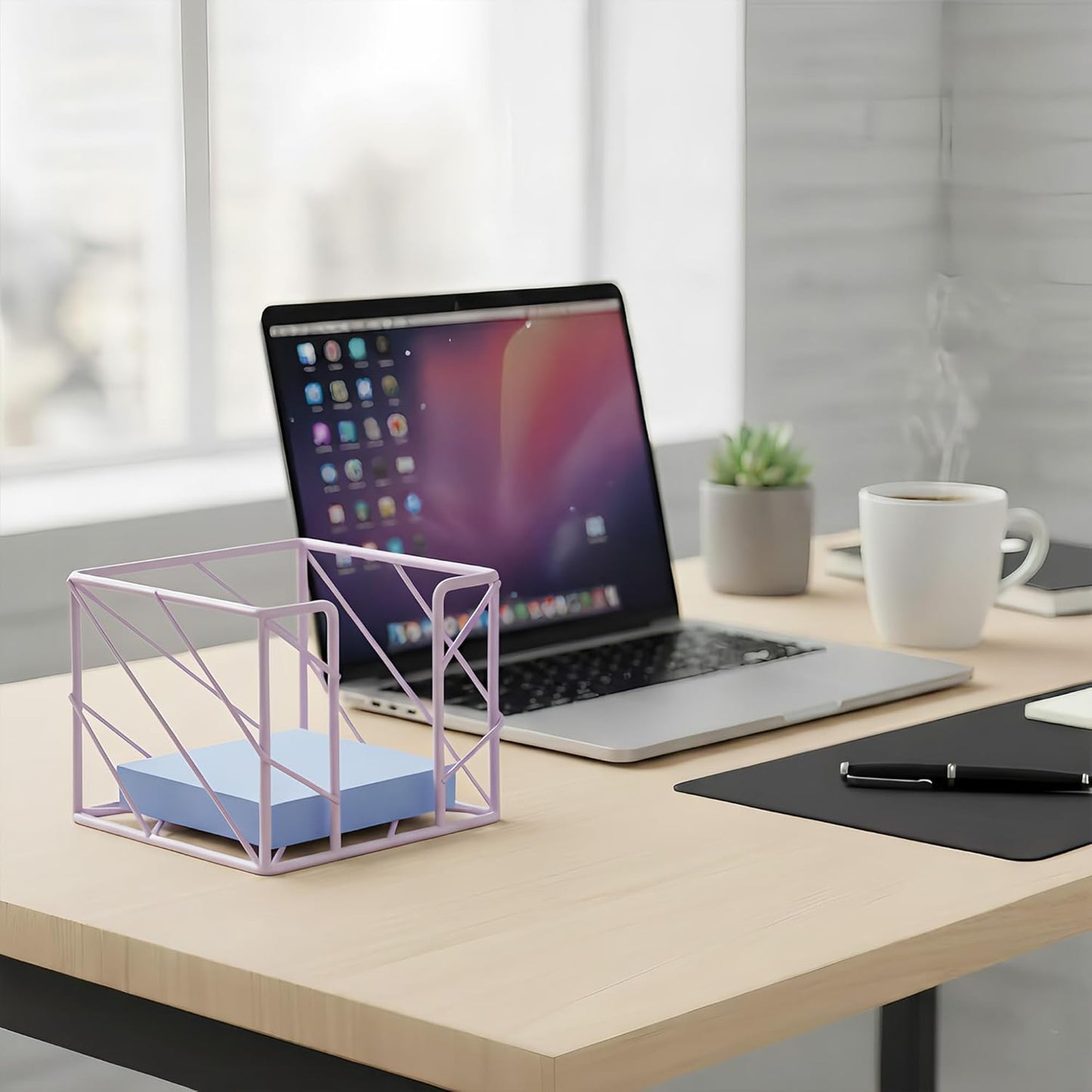 Rose Gold Geometric Sticky Note & Memo Cube Holder, Post Note Dispenser & Desk Organizer Metal Wire for Home, School, Office Supplies (Holder Only)