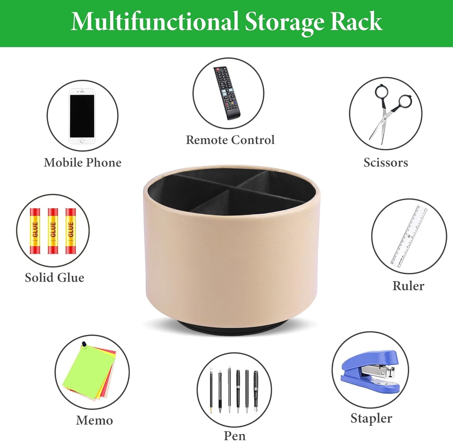 Round Leather Art Supply Organizer,Remote Control Holder,360 Degree Rotating,Multi-Functional Pencil Holder,4 Compartments Desktop Stationary Organizer(1-Fractal Flower) | Round - Colors C