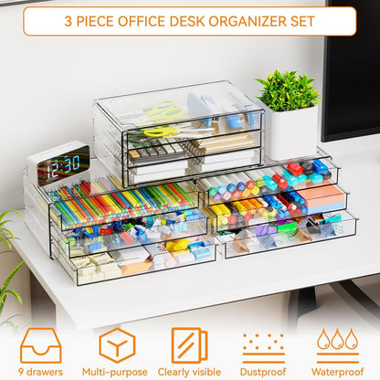 Yieach 9 Pack Small Acrylic Drawers With 18 Drawers,Clear Drawer Organizers Stackable,School,Office Supplies Organizer And Storage Bins for Stationery,Pen,Pencil,Craft,Glasses,Sunglass Organizer Case