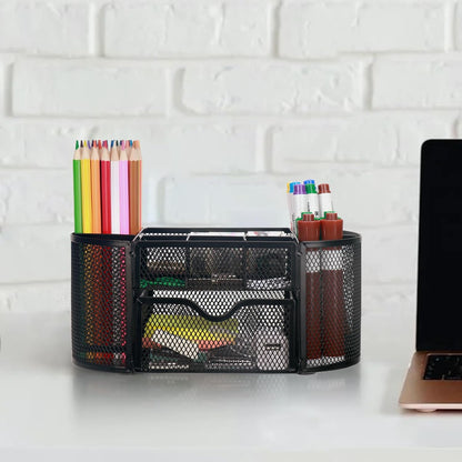 Comix Mesh Pen Pencil Holder Desk Organizer, 3 Compartment Wire Desktop Pen Pencil Cup Caddy Office Supplies Accessories for Home Office School, Black(2 Pack)