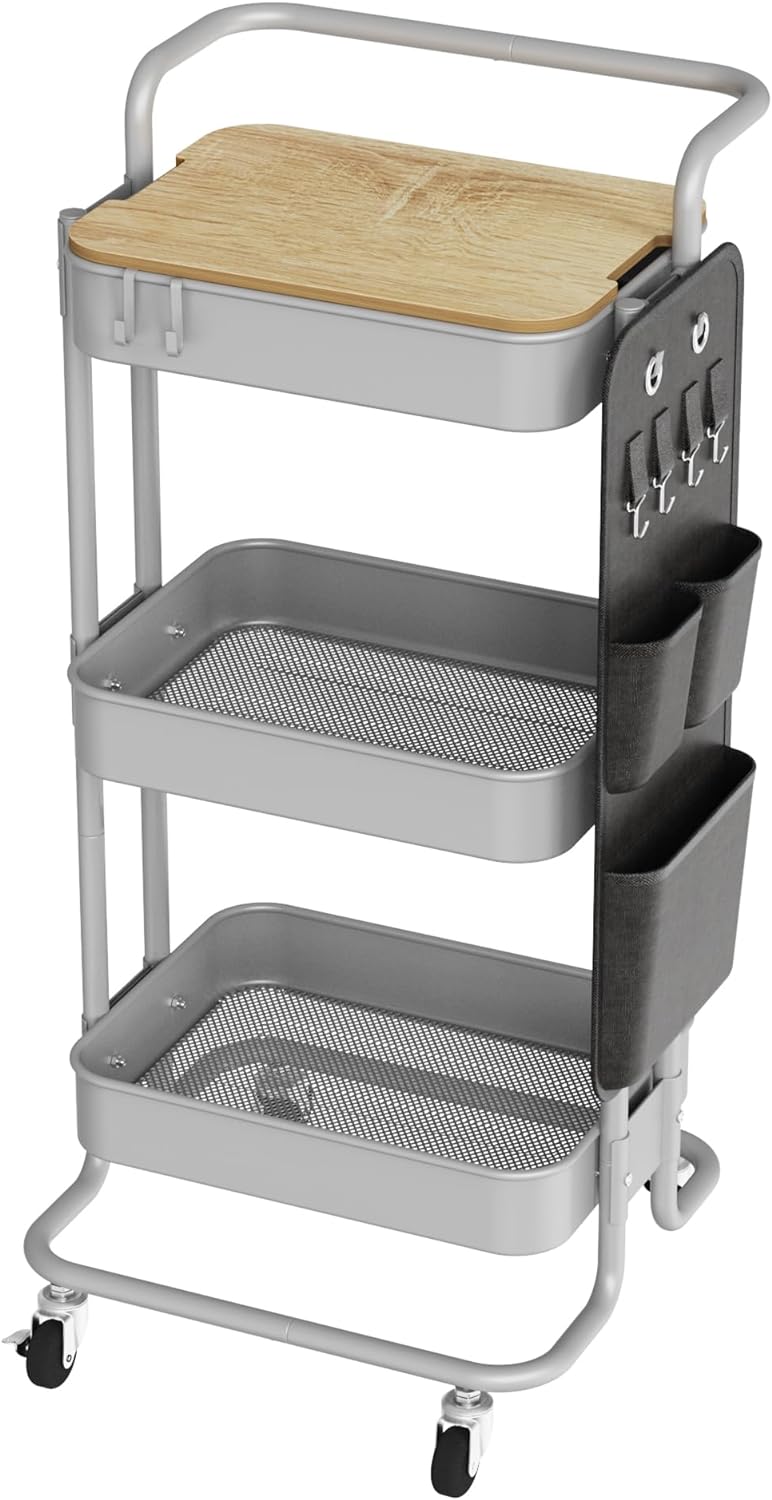 DTK 3 Tier Metal Utility Rolling Cart with Table Top and Side Bags, Tray Storage Organizer Wheels, Art Craft 4 Hooks for Kitchen Bathroom Office Living Room (Black)