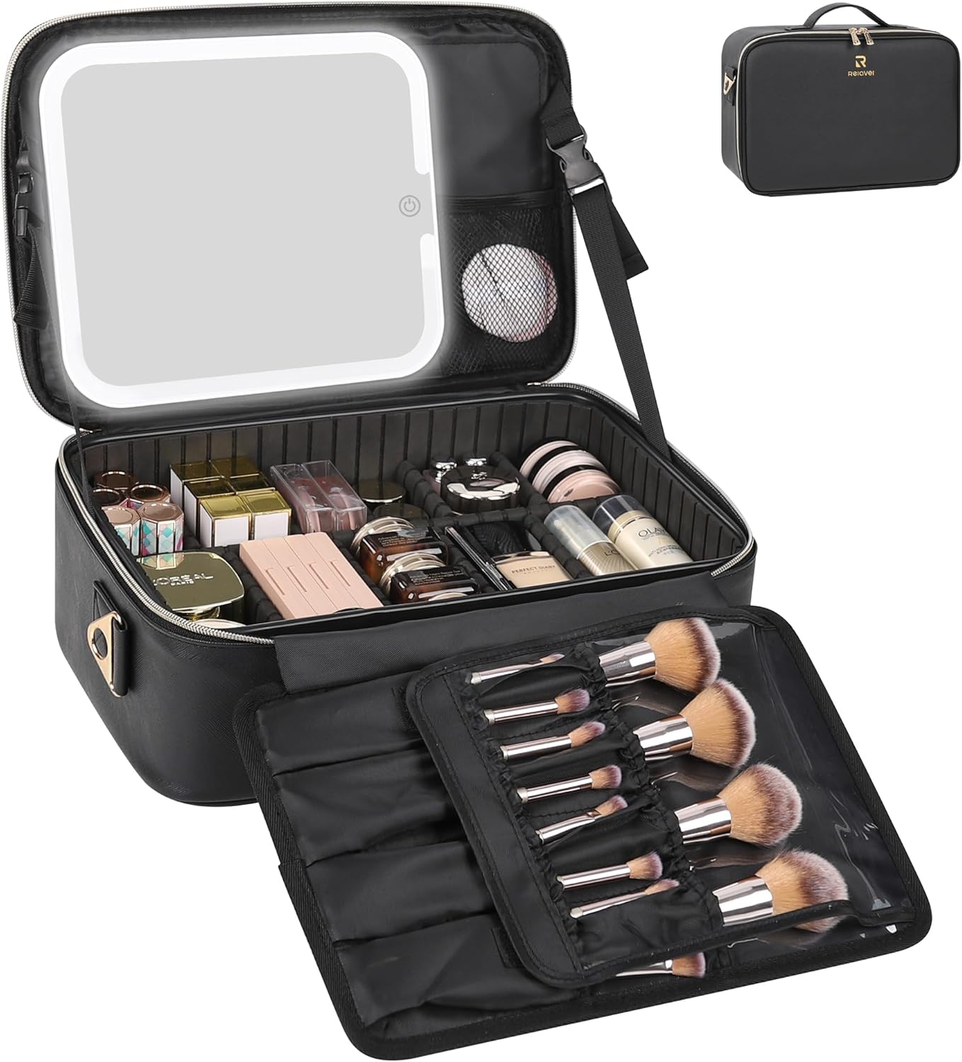 Relavel Travel Makeup Bag With LED Mirror, Cosmetic Train Case with Light up Mirror, Portable Makeup Artist Organizer Bag with Adjustable Dividers, Makeup Brush Holder Storage, Black