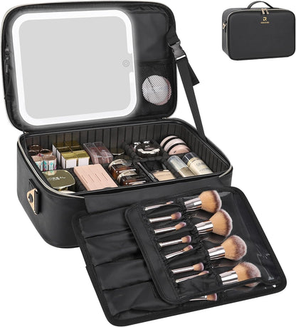 Relavel Travel Makeup Bag With LED Mirror, Cosmetic Train Case with Light up Mirror, Portable Makeup Artist Organizer Bag with Adjustable Dividers, Makeup Brush Holder Storage, Black