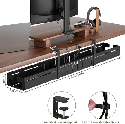 Under Desk Cable Management Tray, Expandable 25.2"–38.6" Heavy Duty Carbon Steel with Clamp, Hidden Cord Organizer for Desk, Home Office & Standing Desk, No Drill Installation, Black