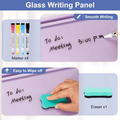 DOLLAR BOSS Glass Desk Whiteboard Calendar Small Dry Erase Board Desktop White Board with Storage Drawer Computer Keyboard Stand Desk Organizer, Colorful Weekly Calendar, Black