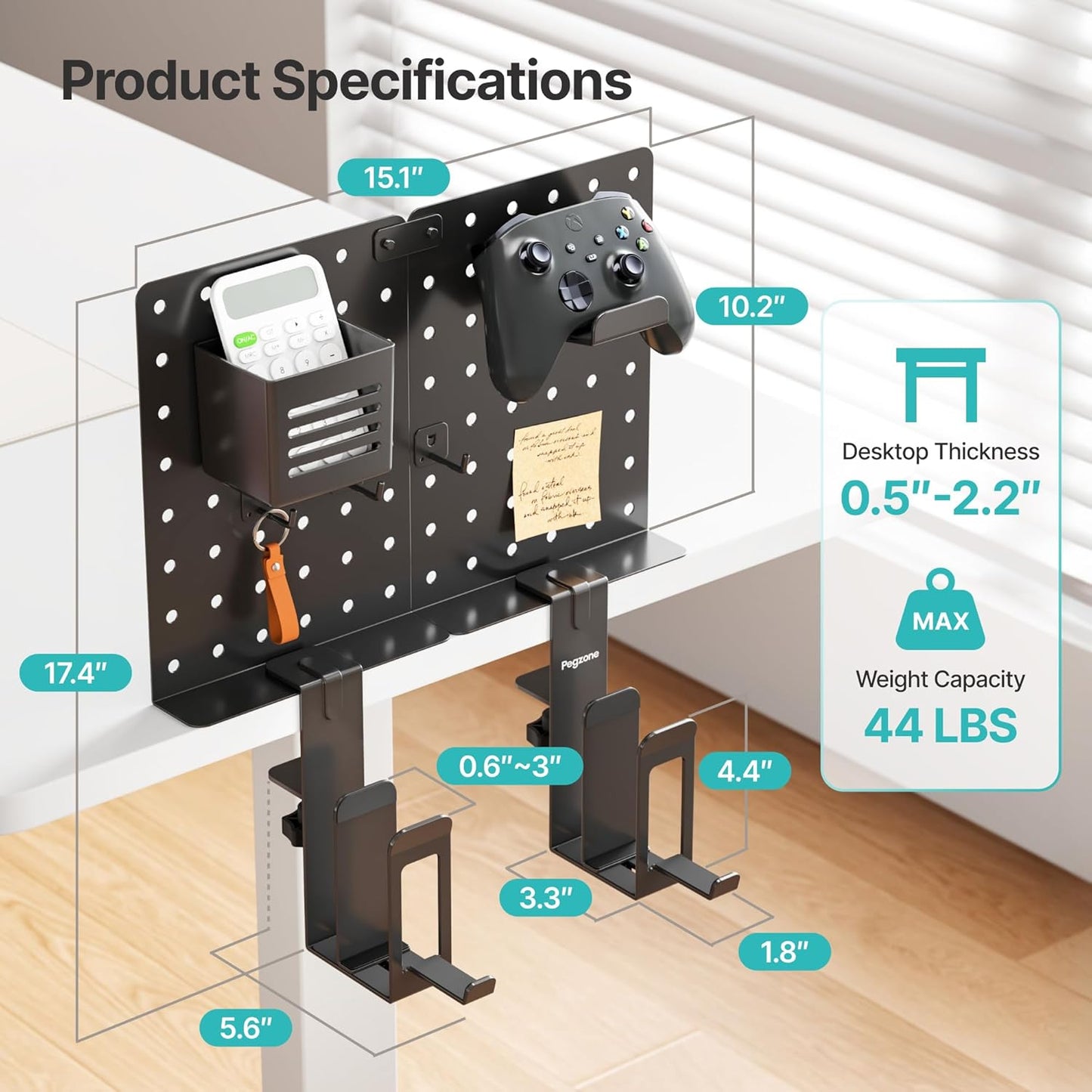 PEGZONE Desk Side Storage, 2-Slot Under Desk Laptop Holder, Vertical Laptop Stand with Headphone Holder and Pegboard Accessories, Desk Organizer for Office Gaming, Black