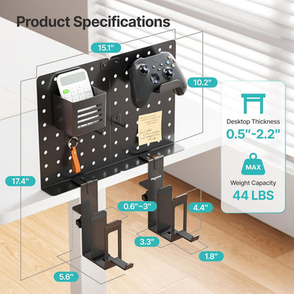 PEGZONE Desk Side Storage, 2-Slot Under Desk Laptop Holder, Vertical Laptop Stand with Headphone Holder and Pegboard Accessories, Desk Organizer for Office Gaming, Black