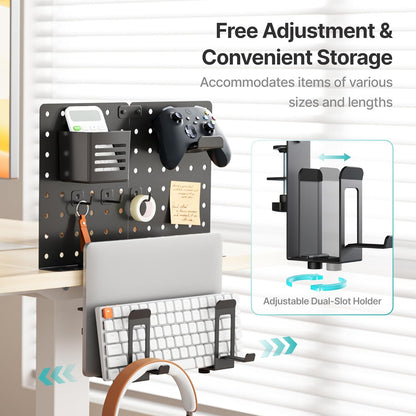 PEGZONE Desk Side Storage, 2-Slot Under Desk Laptop Holder, Vertical Laptop Stand with Headphone Holder and Pegboard Accessories, Desk Organizer for Office Gaming, Black