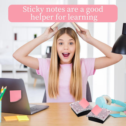Rhinestone Self Sticky Note Holder Post it Note Dispenser Pop-Up Sticky Notes Dispenser 4 x 4 inch Post it Dispenser for Office Desk Accessories(Pink)