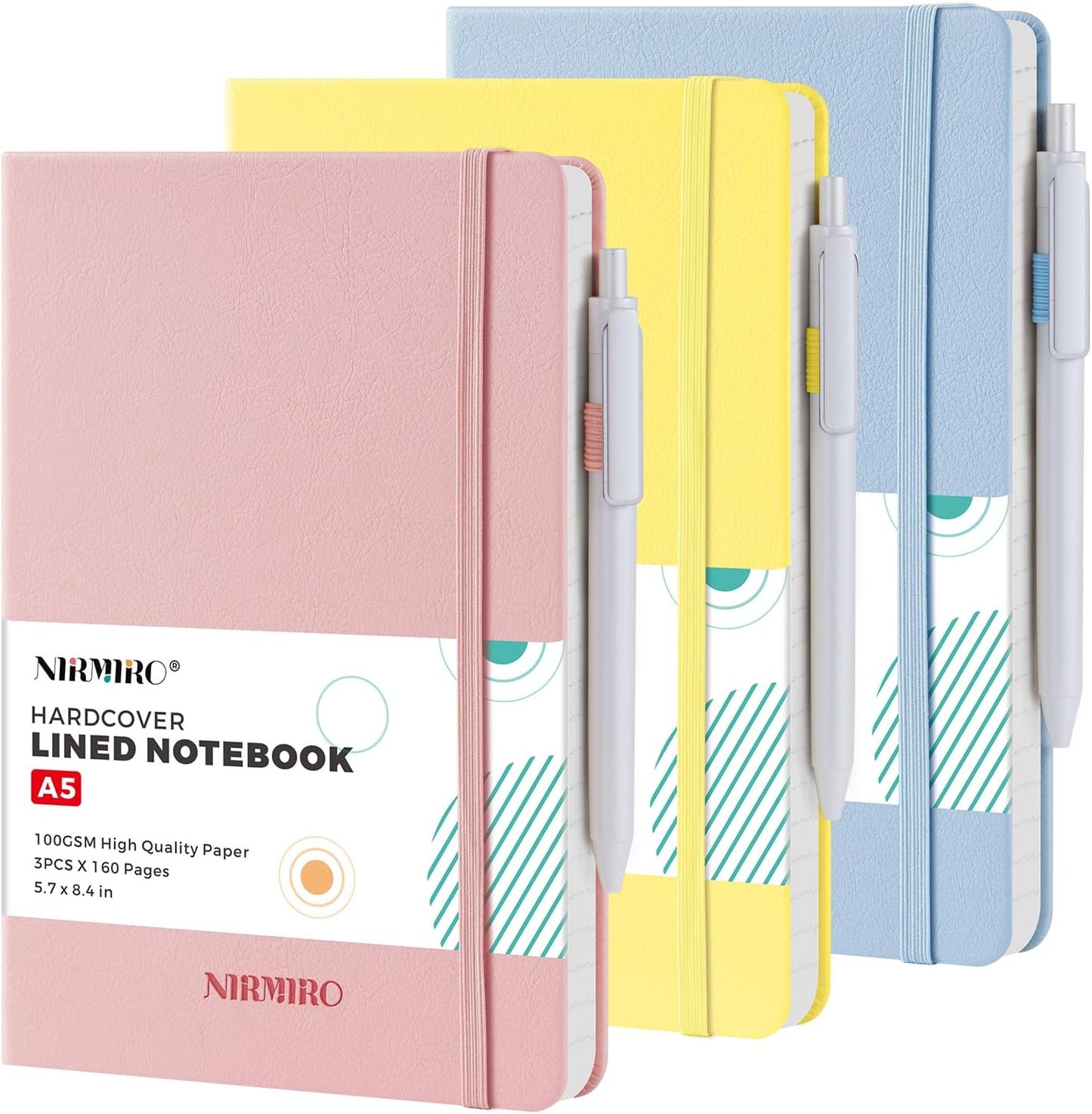 NIRMIRO 3 Pack Pocket Notebook Journals, Small Notepad Notebooks for Note Taking, A6 Mini Note pads with Pen Holder, 408 Lined Pages, 3.7" x 5.7", Black, Brown, Blue