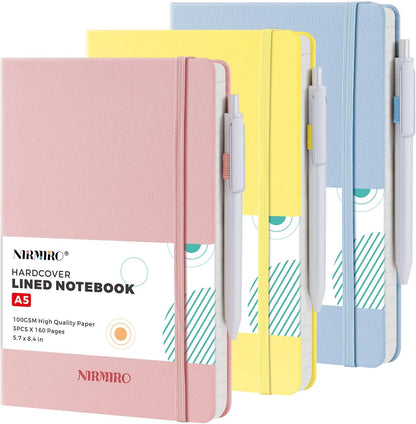 NIRMIRO 3 Pack Pocket Notebook Journals, Small Notepad Notebooks for Note Taking, A6 Mini Note pads with Pen Holder, 408 Lined Pages, 3.7" x 5.7", Black, Brown, Blue