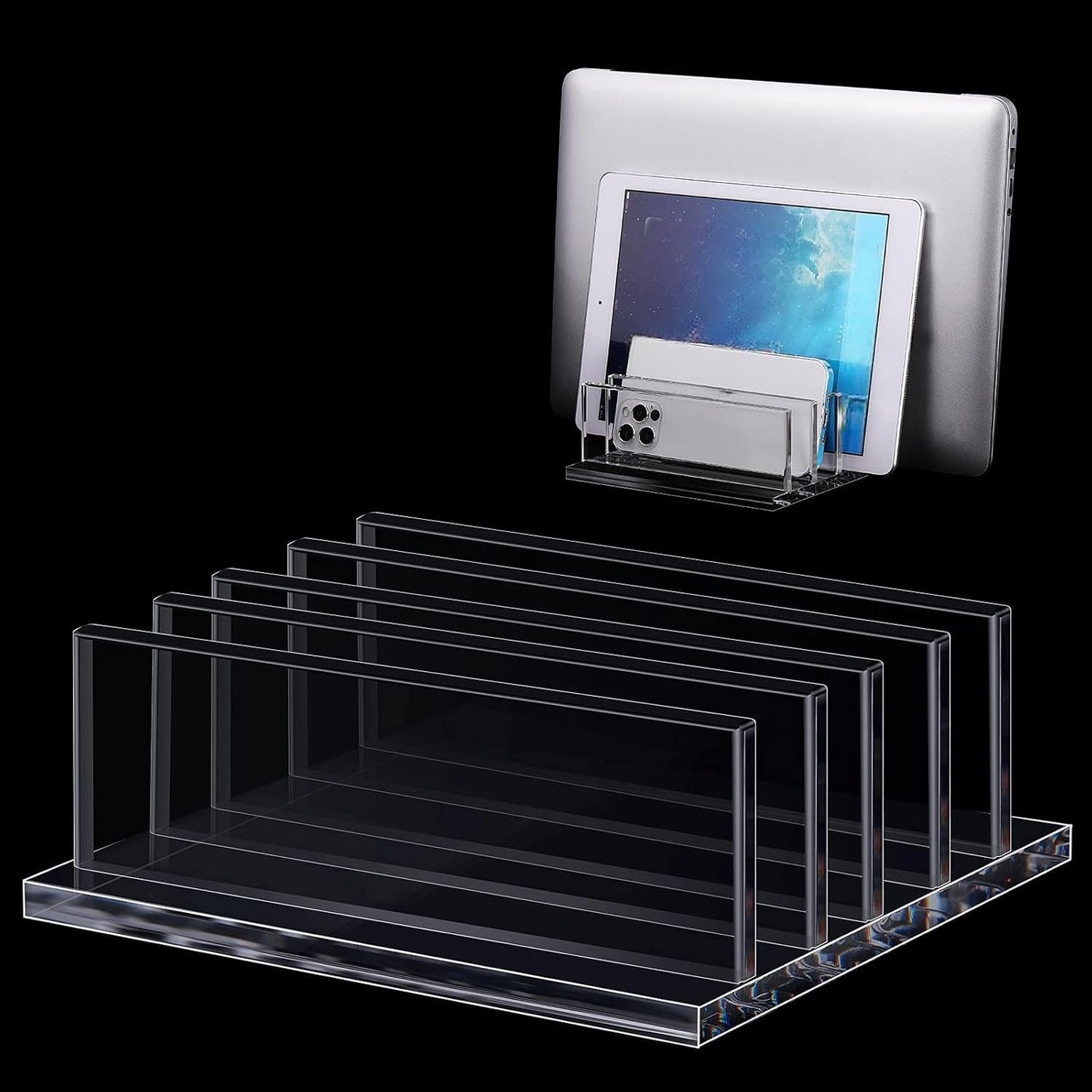 Frienda 1 Piece 4-Compartment Acrylic Vertical Laptop Stand, Can Accommodate with a Thickness of Less Than 2 cm, Fits Most Laptop (Black)