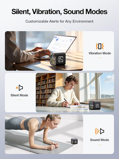 TK3 Pomodoro Timer Cube, Desk Productivity Timer with 5/10/30/60 Min Presets, Custom Countdown, Stopwatch, Clock, 3 Alarm, Silent, Vibrate & Sound Alert, for Task, ADHD, Study, Kitchen, Black