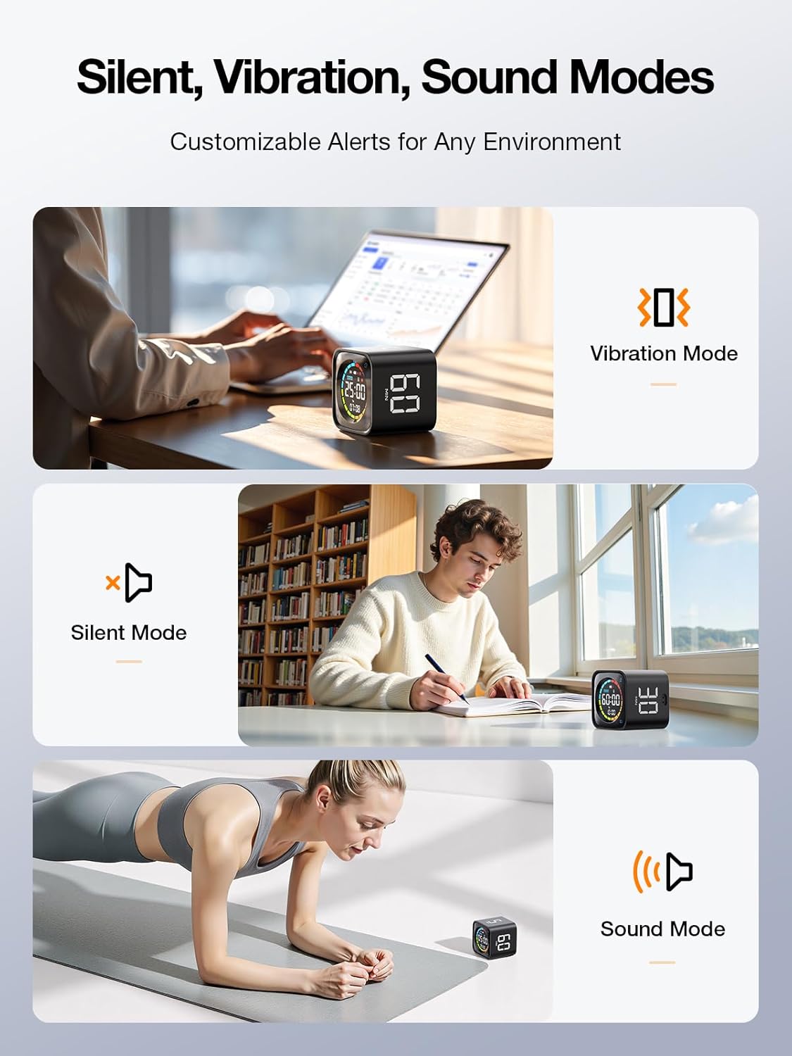 Ticktime TK3 Pomodoro Timer Cube, Productivity Timer, 5/10/30/60 Min Presets, Custom Countdown, Stopwatch & Clock, Triple Alarms, Silent/Vibration/Sound Alerts, Rechargeable for ADHD Study Task, Black