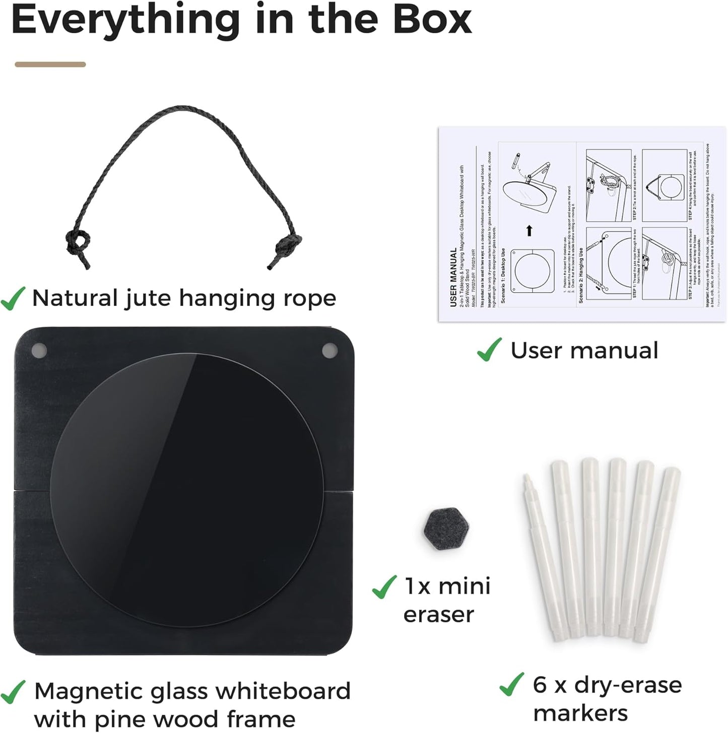 Magnetic Glass Desktop Whiteboard with Solid Wood Stand, Adjustable Foldable Mini Dry Erase Board, 2-in-1 Tabletop & Hanging Glassboard with Rustic Rope, Reusable Home Office School, Black and Square