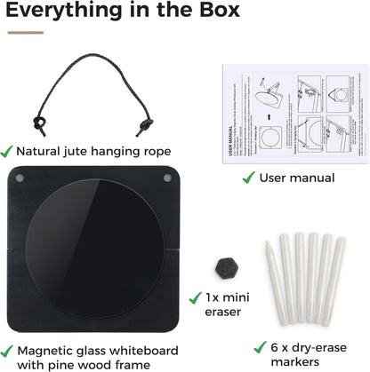 Magnetic Glass Desktop Whiteboard with Solid Wood Stand, Adjustable Foldable Mini Dry Erase Board, 2-in-1 Tabletop & Hanging Glassboard with Rustic Rope, Reusable Home Office School, Black and Square