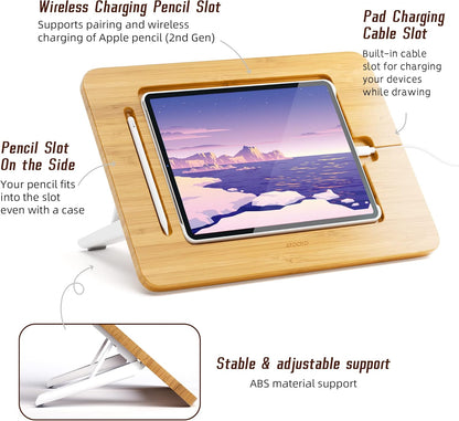 AFOOYO Bamboo Tablet Drawing Stand - Portable & Adjustable 5 Angles,Laptop Stands Riser, Book Reading Stand,Compatible with 9.7/10.2/10.5/10.9/11 inches