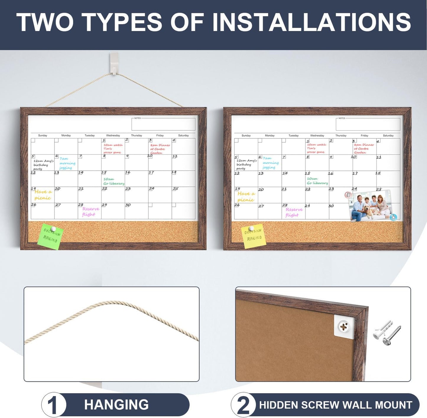 Calendar Whiteboard for Wall, TANKEE 17x13 Inches Whiteboard Calendar Cork Board Combo, Small Magnetic White Board with Wood Framed, Hanging Dry Erase Board for Kitchen Home Office School Planner