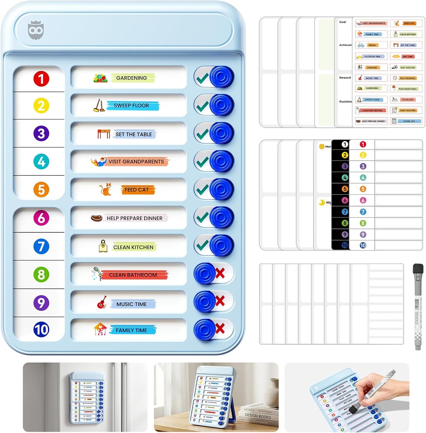 Chore Chart for Kids, Checklist Planning Board with Sliders, 19 Personalizable Sheets and Magnetic Marker, ADHD Tools for Kids to Do List Routine Chart Visual Schedule Board with Stand