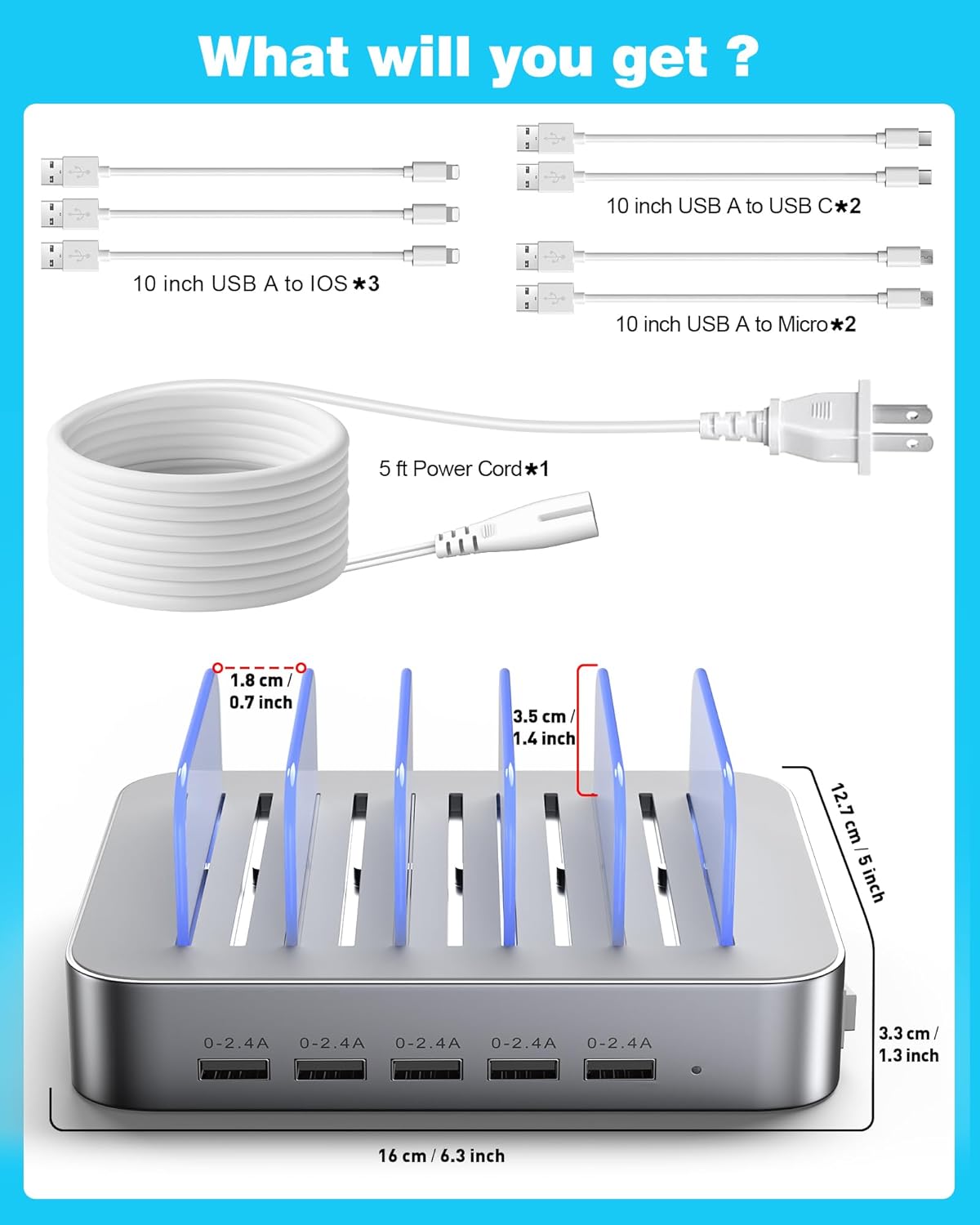 MSTJRY Charging Station for Multiple Devices : 5 Port Multi USB-A Charger Stations Multi-Device Organizer Charging Dock Designed for iPhone iPad Cell Phone Tablets (7 Short Cables Included)