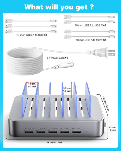 MSTJRY Charging Station for Multiple Devices : 5 Port Multi USB-A Charger Stations Multi-Device Organizer Charging Dock Designed for iPhone iPad Cell Phone Tablets (7 Short Cables Included)