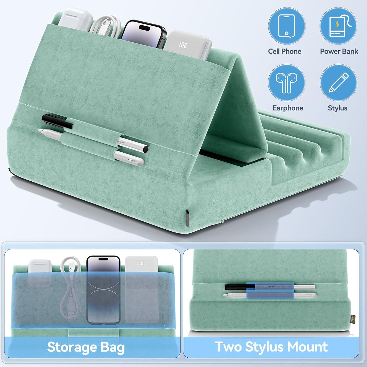 KDD Tablet Pillow Holder, Foldable iPad Stand for Lap, Bed and Desk -Tablet Soft Pad Dock with Pocket & Stylus Mount Compatible with iPad Pro 12.9, 10.5, 9.7 Air Mini 6 5 4 3, Galaxy Tab, E-Reader