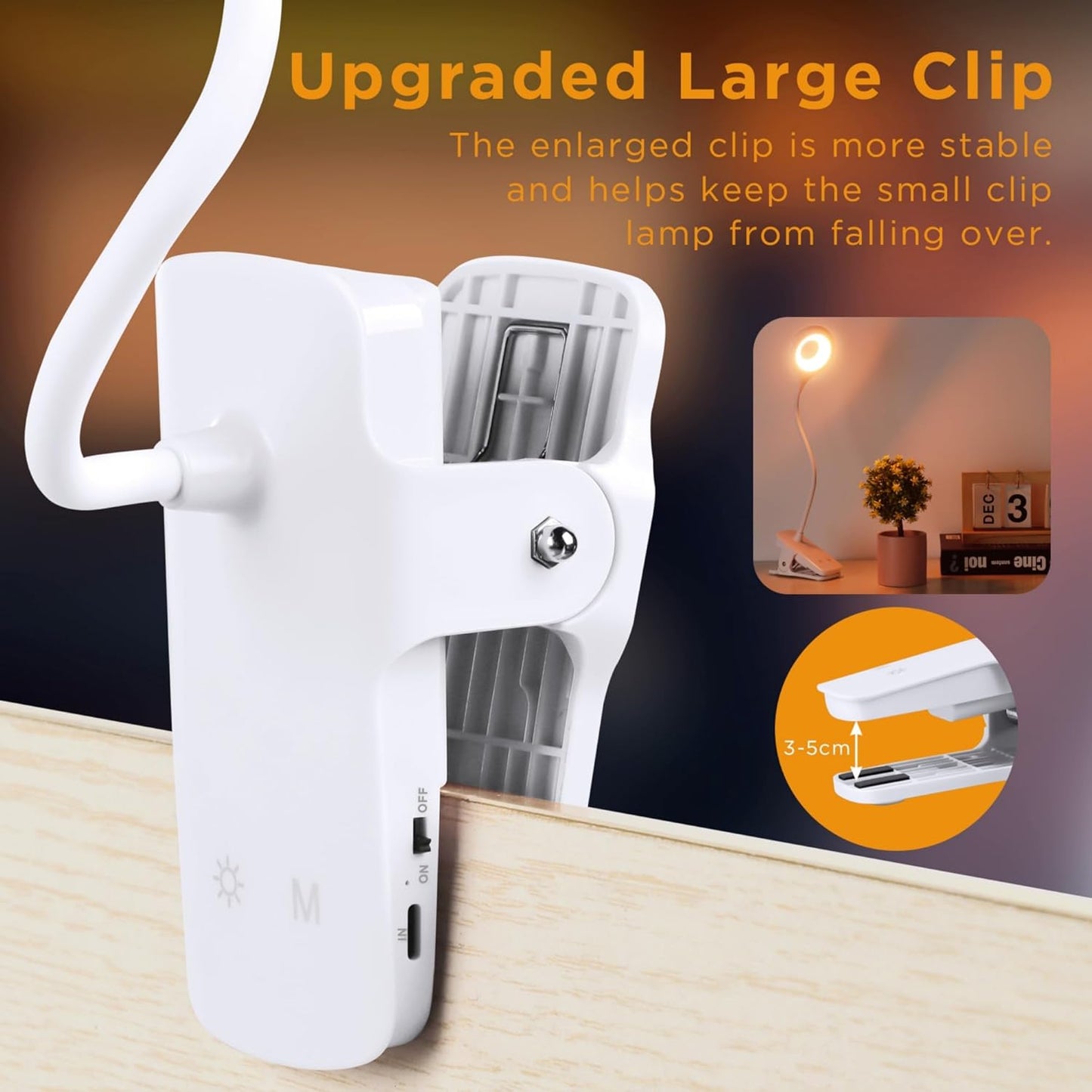 Akynite Desk Lamp LED Clip on Light, 5 Modes 5 Brightness Dimmable Clamp Light, Rechargeable Battery Flexible Clip on Reading Lamp for Bed Headboard Bunk Bed at Night for Kids (Black)