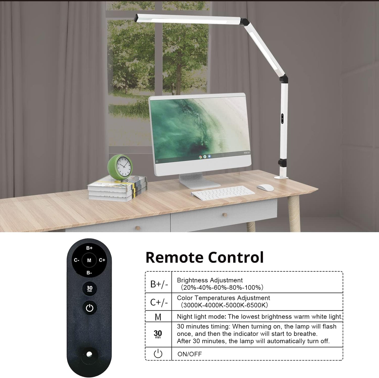 LED Desk Lamp with Clamp, Architect Desk Lamp with Dual Light and Adjustable Swing Arm, Clip-on Eye-Care 4 CCT Modes & 5 Brightness Levels Table Light Modern Computer Lighting for Home Office