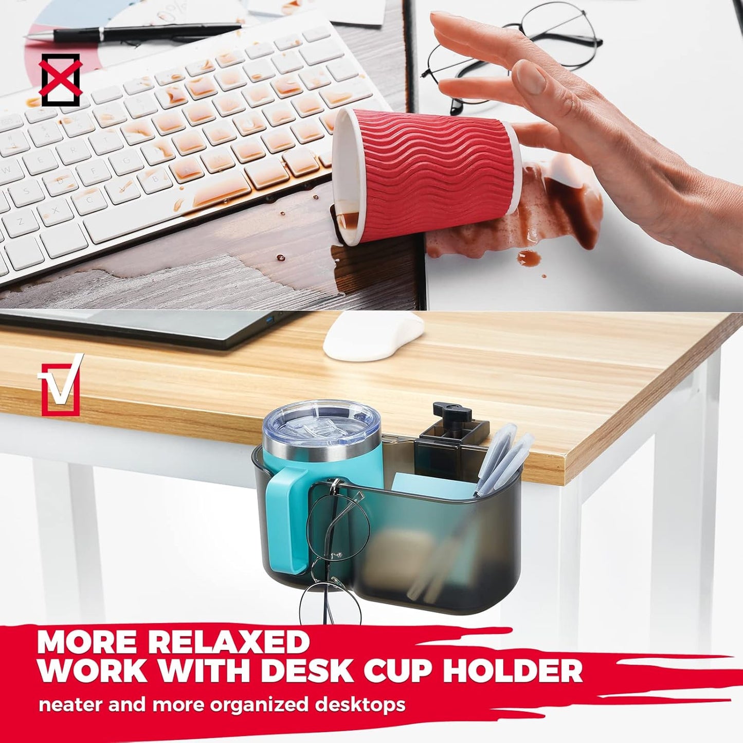 KEMIMOTO Desk Cup Holder, Caddy Organizer for Office Table, Lawn Chair, Golf Cart, Pontoon Boat, Suitable for Most 18-32 oz Bottles, Black