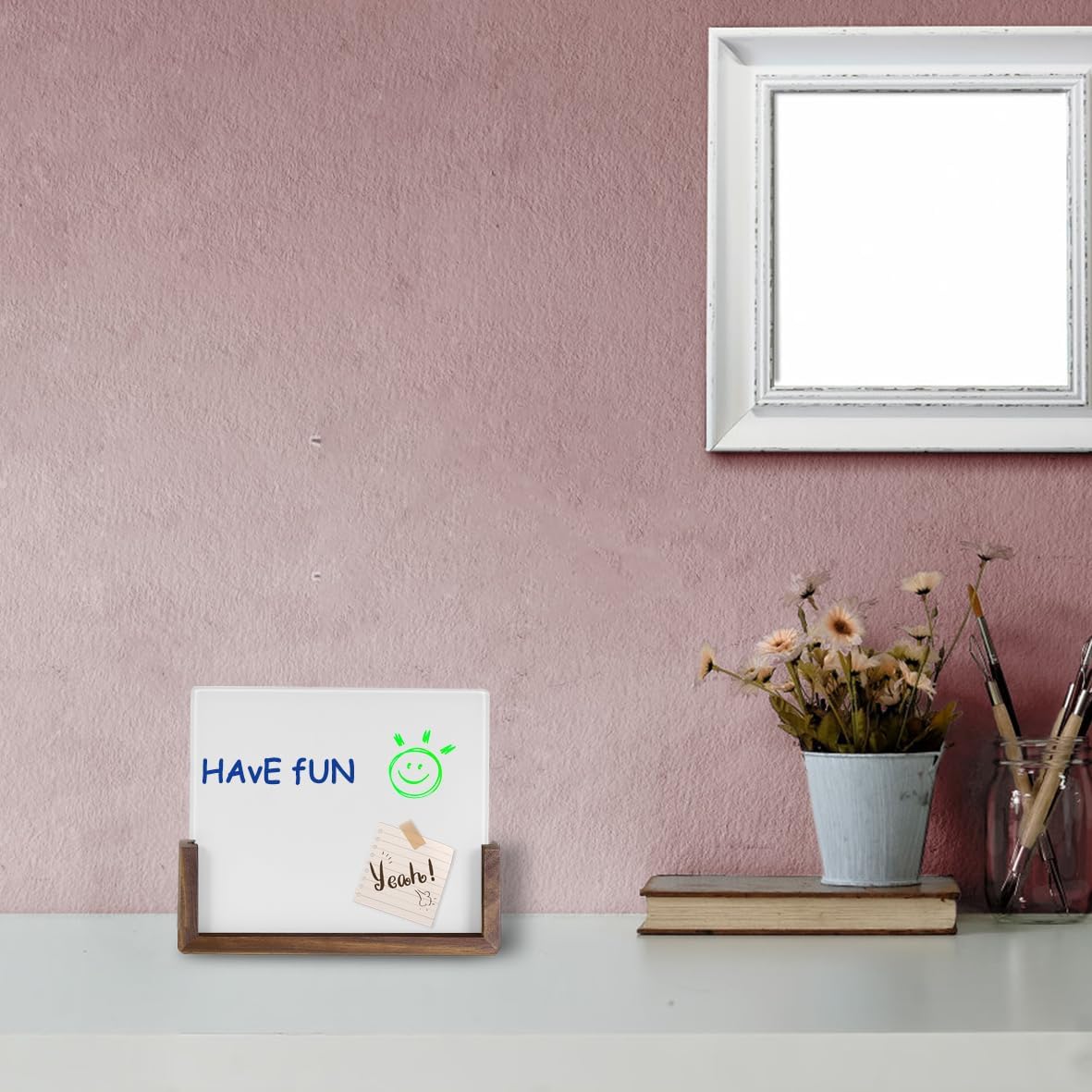 Desktop Glass Whiteboard with Walnut Wood Base,Small Dry Erase Board, Black Writing Note Pad, Desk White Board,Glassboard for Tabletop Display(Walnut Base,Glass)