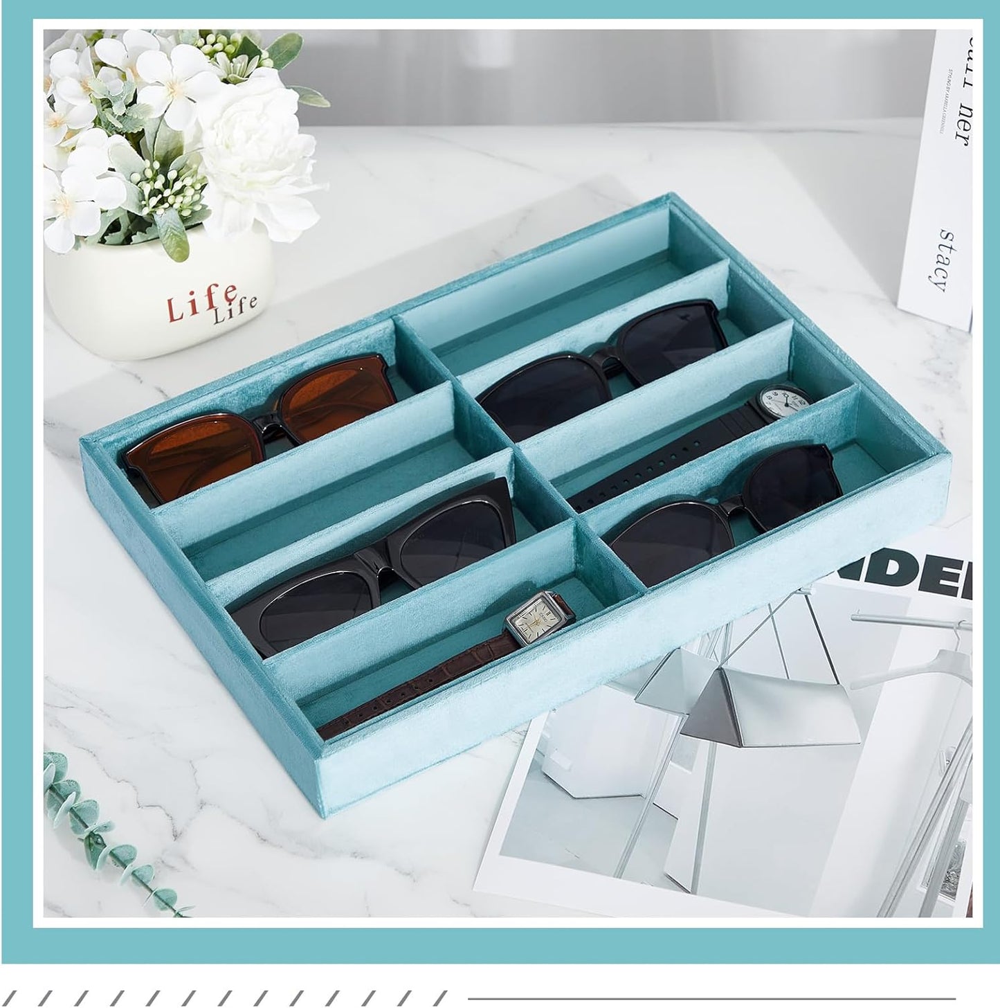 Amylove 2 Pcs Sunglass Organizer Trays Glasses Stackable Jewelry Trays Sunglass Organizer Display Box(8 Grids,Beige)