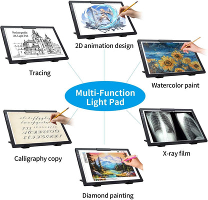 Rechargeable A4 Light Pad with Carry Bag & Stand,Ultra Thin Light Table with Clip,6 Levels of Brightness Light Box for tracing,Diamond Painting.led Light Board for Artists,Drawing,Sketching,Animation