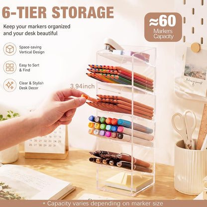 MotiMind Acrylic Pen Organizer Storage for 250 Markers Vertical Marker Organizer Acrylic Pen Display Holder for Office Desk Desktop Stationery Pencil Storage, Clear, 13 x 4 x 12.4 Inch