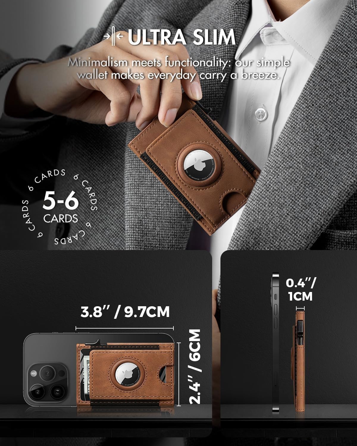 iwantit Slim Airtag Wallet for Men: Compatible with Apple Air tag (1st & 2nd Generation), Front Pocket Smart Pop Up Credit Card Holder with AirTag Holder ID Window, RFID Blocking(Brown)