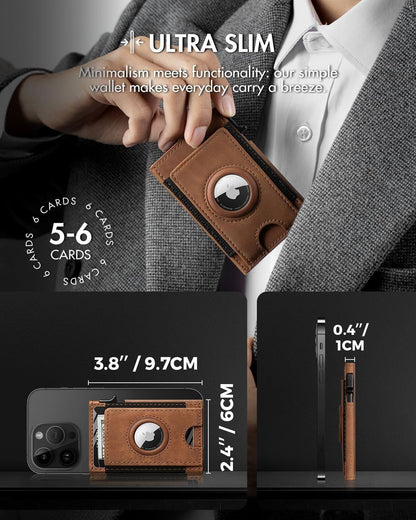 iwantit Slim Airtag Wallet for Men: Compatible with Apple Air tag (1st & 2nd Generation), Front Pocket Smart Pop Up Credit Card Holder with AirTag Holder ID Window, RFID Blocking(Brown)