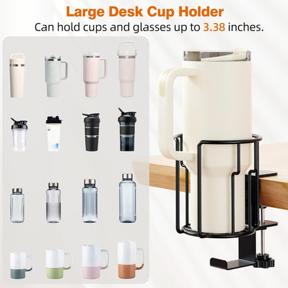 Large Desk Cup Holder, 2-in-1 Clip On Cup Holder with Headphone Hook, Heavy-Duty Metal Drink Holder for Insulated Tumblers, Big Water Bottles, Fits Office Desk Organizer, Dorm, Gaming Setup (1 Pack)