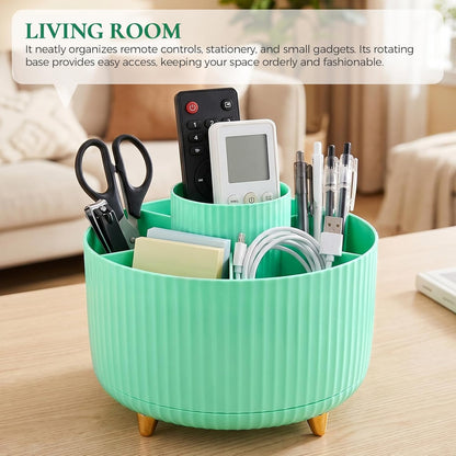 KONVINIT Pencil Pen Holder for Desk, 5 Slots 360 - Degree Rotating Desktop Organizer, Cute Desk Organizers and Accessories for School, Home, Office and Art Supply, Black