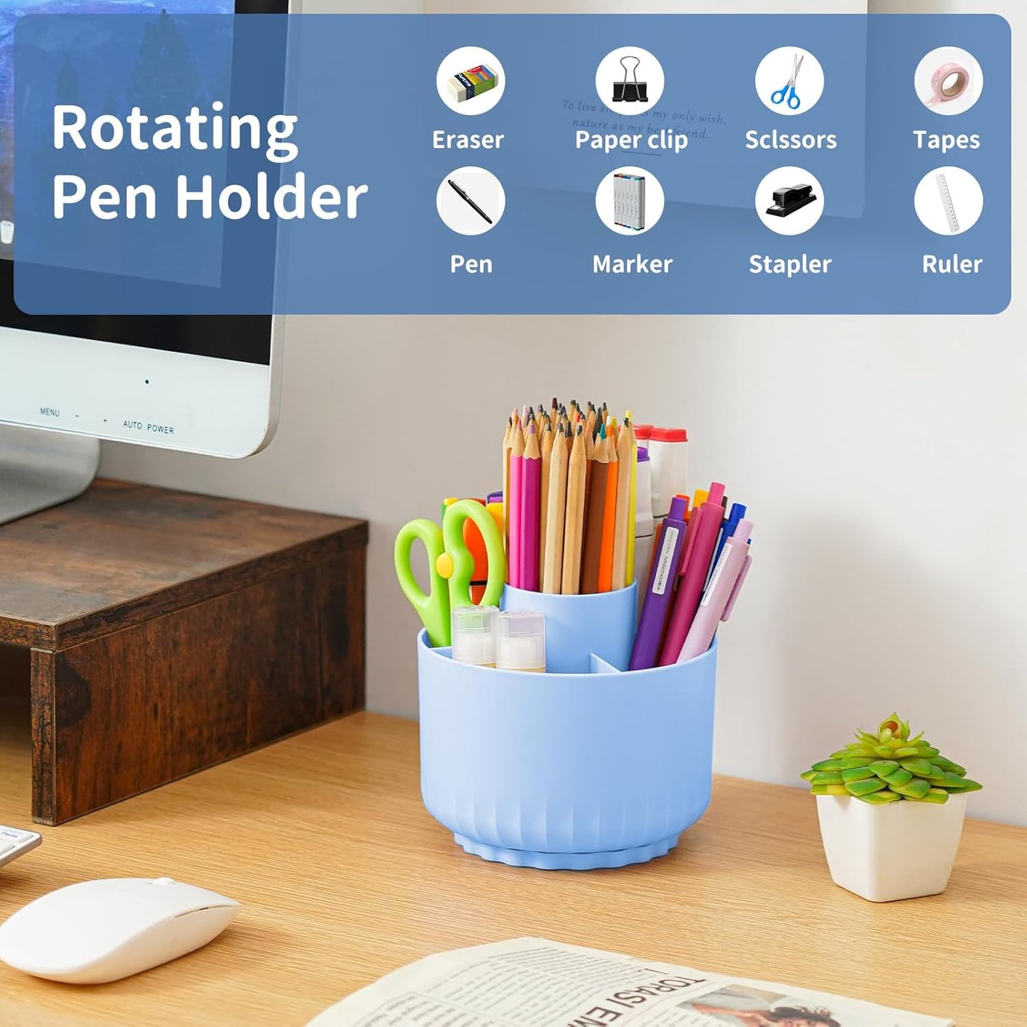 Marbrasse Desk Organizer, 360-Degree Rotating Pen Pencil Holder, Desk Organizers and Accessories with 5 Compartments Pencil Organizer, Art Supply Storage Box Caddy for Office, Home(Beige)