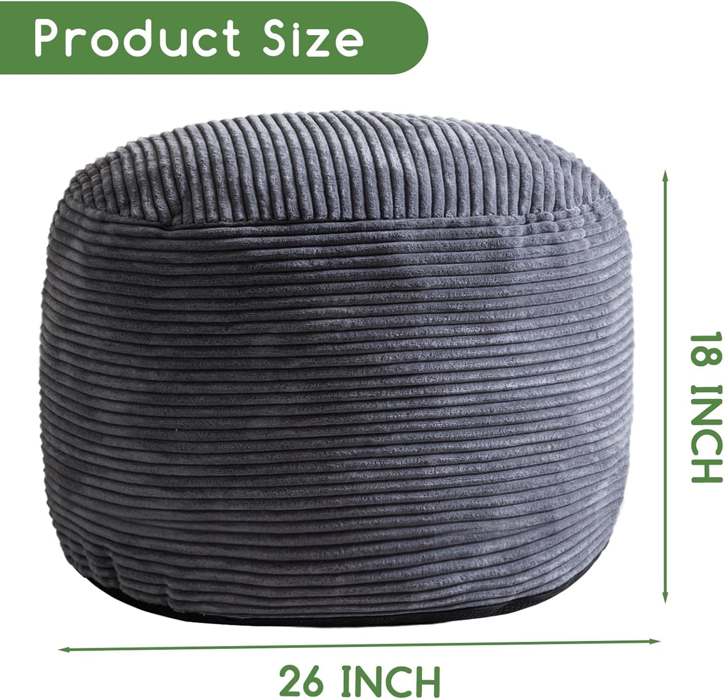 HIGOGOGO Round Stuffed Pouf Ottoman, Corduroy Poufs with Foam Chunk Filling, Furry and Fluffy Pouf Foot Stool Storage Ottoman, 20 X 15 Floor Poufs Foot Rest for Living Room, Dark Grey