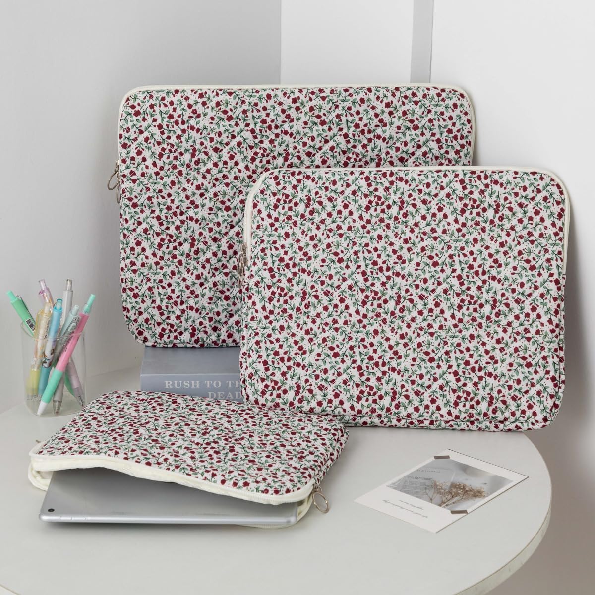 Puffy Laptop Sleeve 13 Inch Cute Quilted Laptop Protective Case Padded Floral Computer Sleeve for MacBook (A-Blue, 13 Inch)
