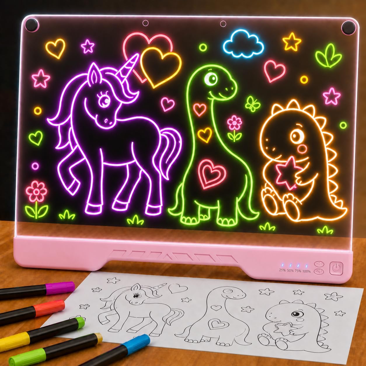 Upgraded 16” LED Drawing Board – Rechargeable, 7 Colors, 10 Light Modes, Adjustable Brightness – Acrylic Light Board for Tracing with Stand, Markers and Full Kit – Birthday Gift Set (Black)