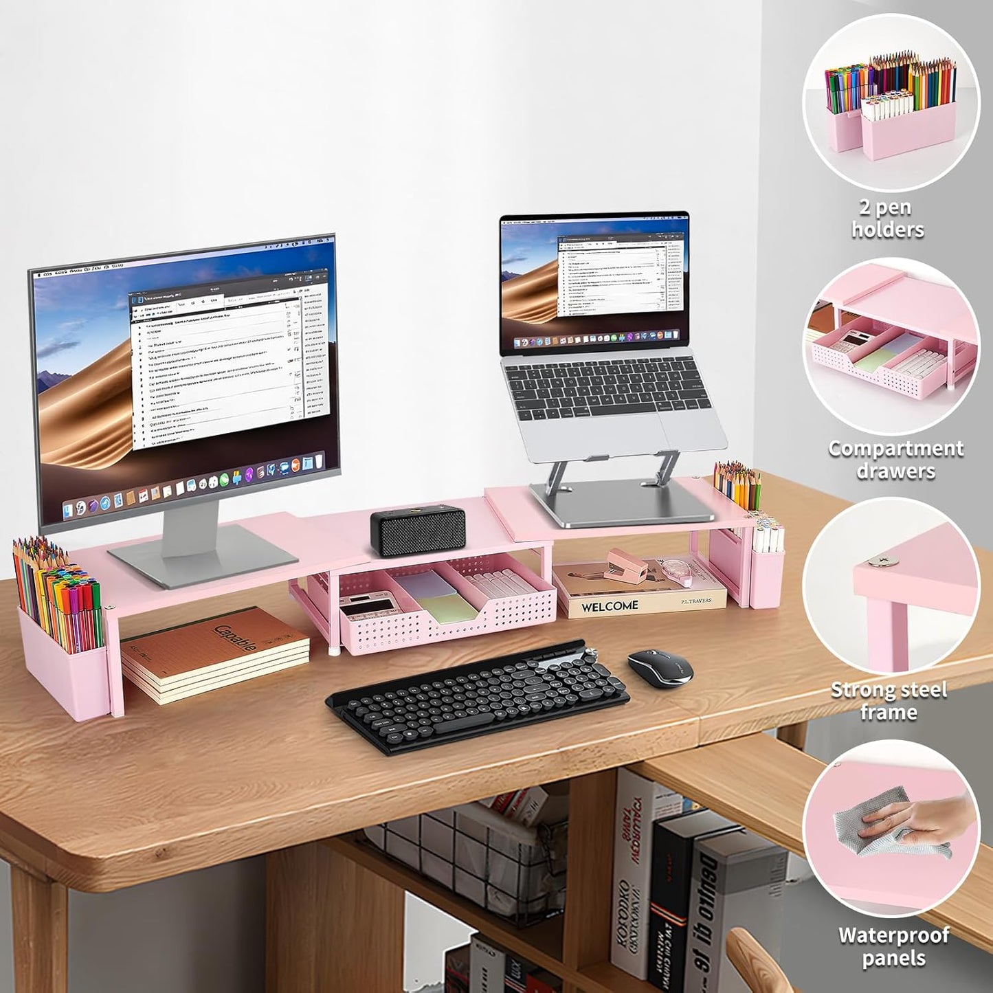 OPNICE Desk Organizers and Accessories, Dual Monitor Stand Riser with Drawer and 2 Pen Holders, Desk Shelf Wood Computer Racks for Office Workspace Organizers, Desktop Organization (Rustic Brown)