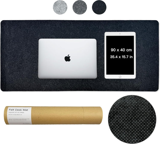 Large Felt Desk Mat, 35.4"x15.4" Felt Desk Pad - Non-Slip Keyboard Mat & Mouse Pad for Office and Gaming, Water Resistant Desktop Protector for Computer, Home, Work (Black Gray)