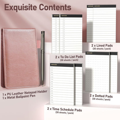 WEMATE 10 Pieces Notepad Holder Set Pocket Notebook - Included Mini Pocket Notepad Holder Set with 8 Memo Book Refills and Metal Pen for Meetings, Daily Records, and Notes 3 x 5 Inch (Brown)